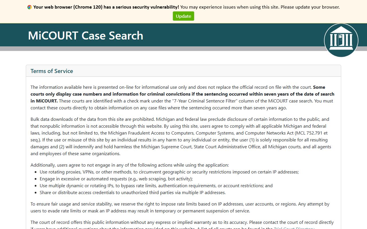 Mecosta County court records after arrest MiCOURT case search portal